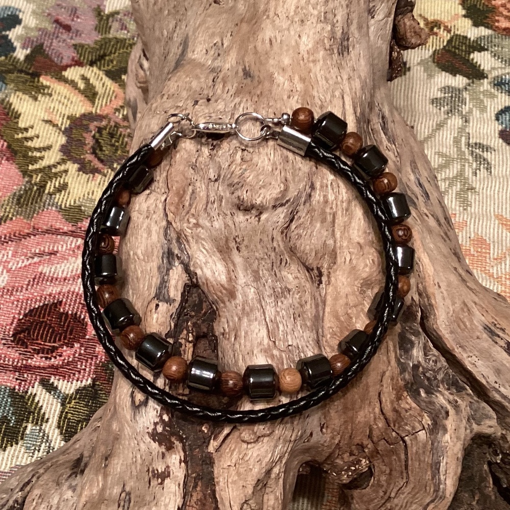 Handcrafted Black Braided Leather / Hematite and Wood Beaded Bracelet 8.5”